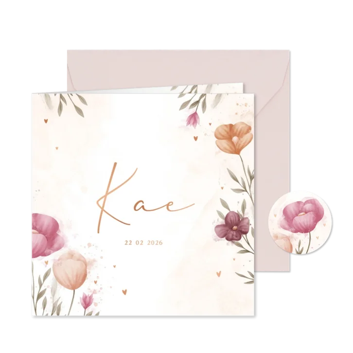 Geboortekaartje waterverf bloemen met koperen hartjes