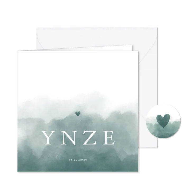 Geboortekaartje waterverf met hartje petrol blauw Fries