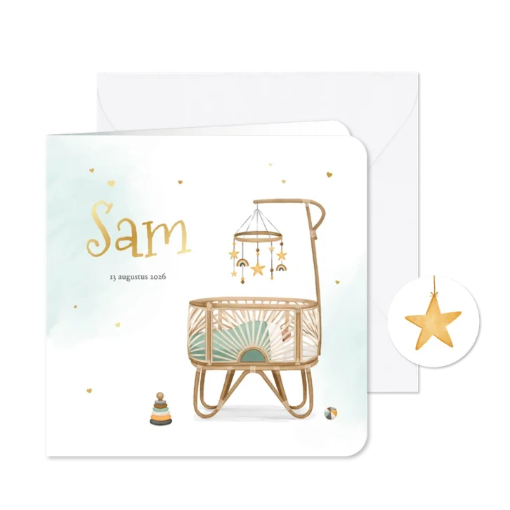 Geboortekaartje waterverf mint rotan wiegje hartjes