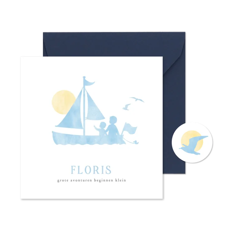 Geboortekaartje waterverf silhouet broertjes in zeilboot