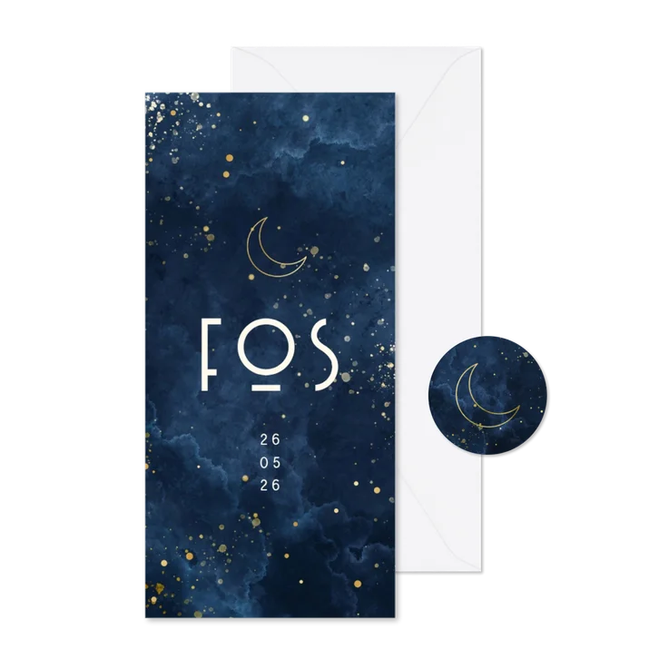 Geboortekaartje waterverf wolkjes met gouden maan 