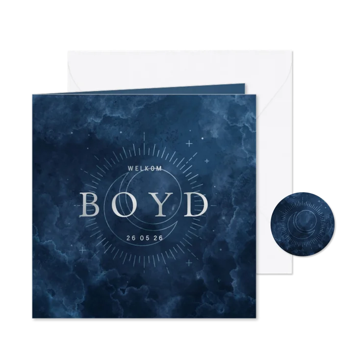 Geboortekaartje waterverf wolkjes met maan en zon 