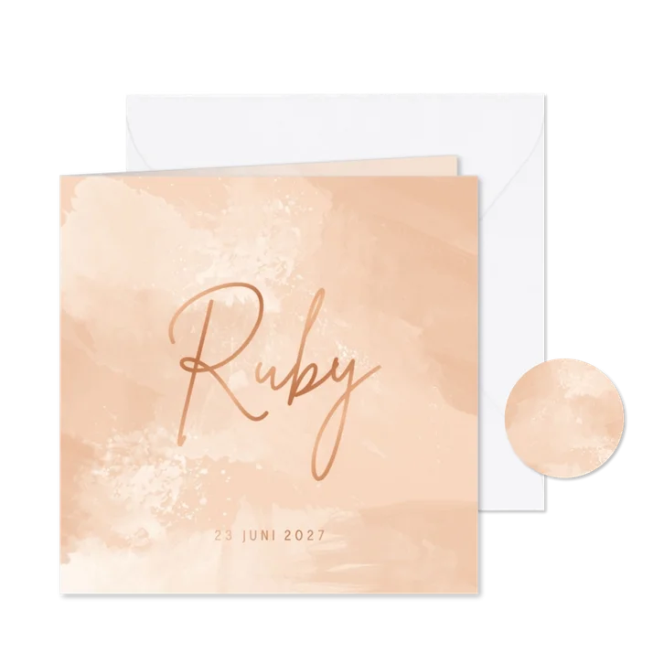 Geboortekaartje waterverf zalmroze stijlvol minimalistisch