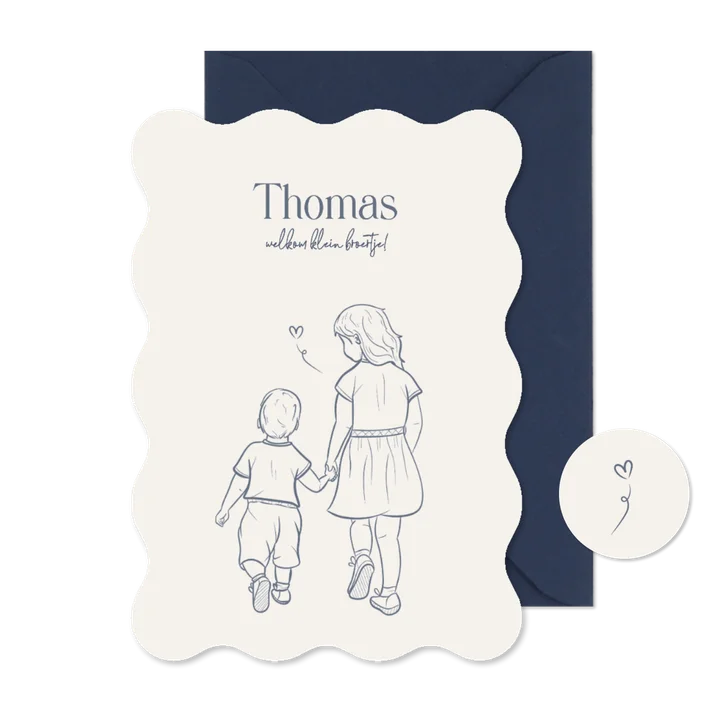 Geboortekaartje wave broertje met lijn illustratie wit blauw