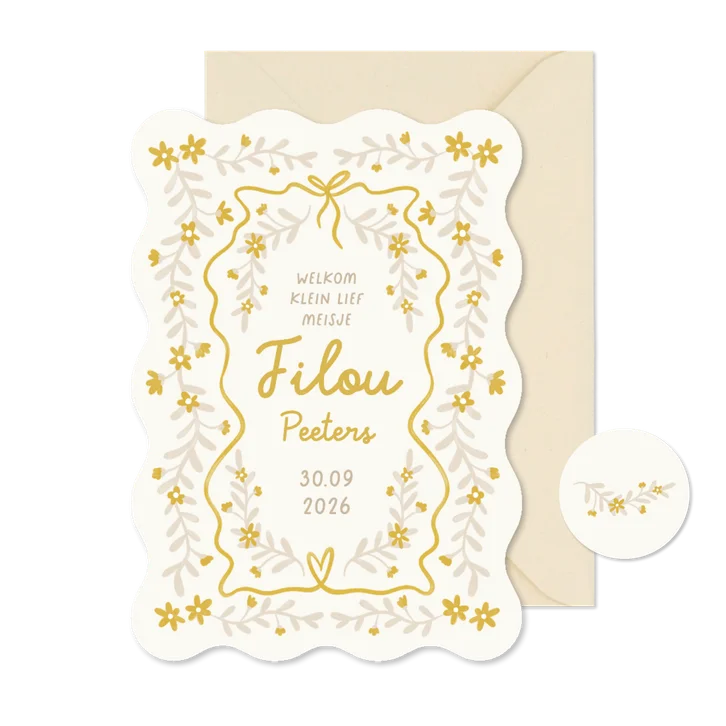 Geboortekaartje wave hip patroon bloemen geel kamille