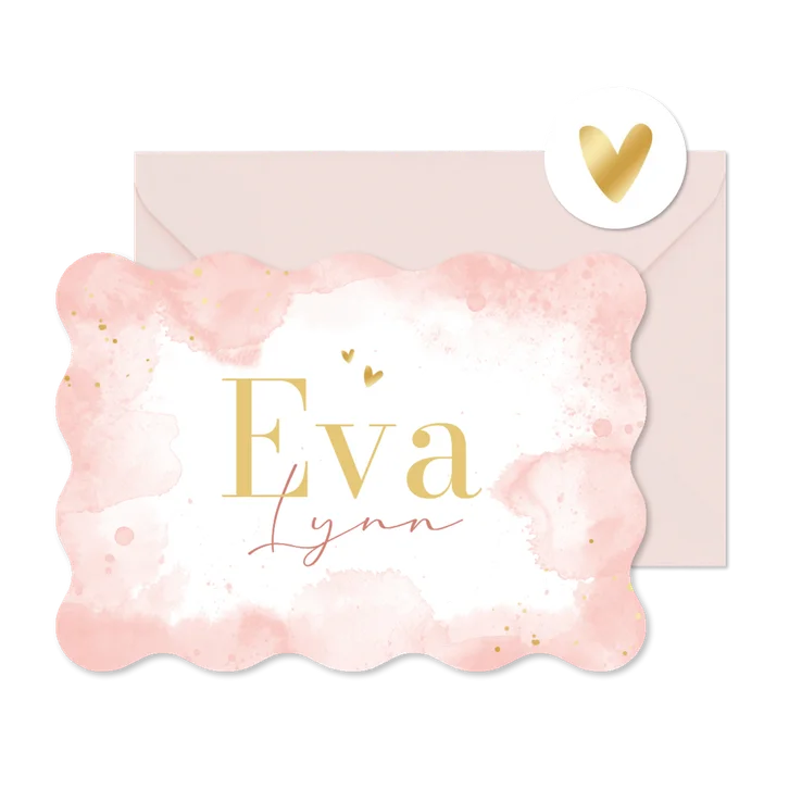 Geboortekaartje wave vorm roze waterverf goud hartje