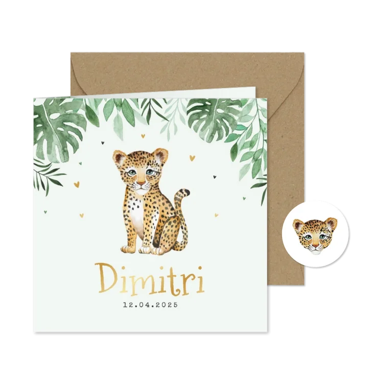 Geboortekaartje welpje luipaard jungle bladeren illustratie
