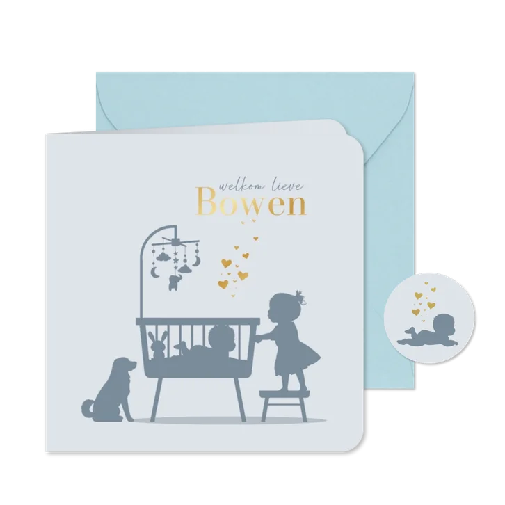 Geboortekaartje wiegje met baby en zusje blauw