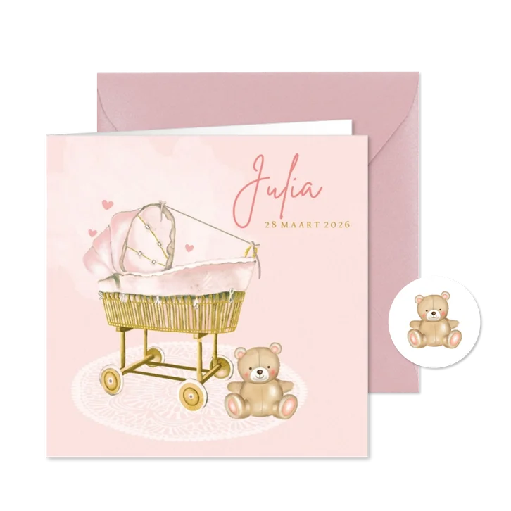 Geboortekaartje wiegje rotan voor meisje met beertje