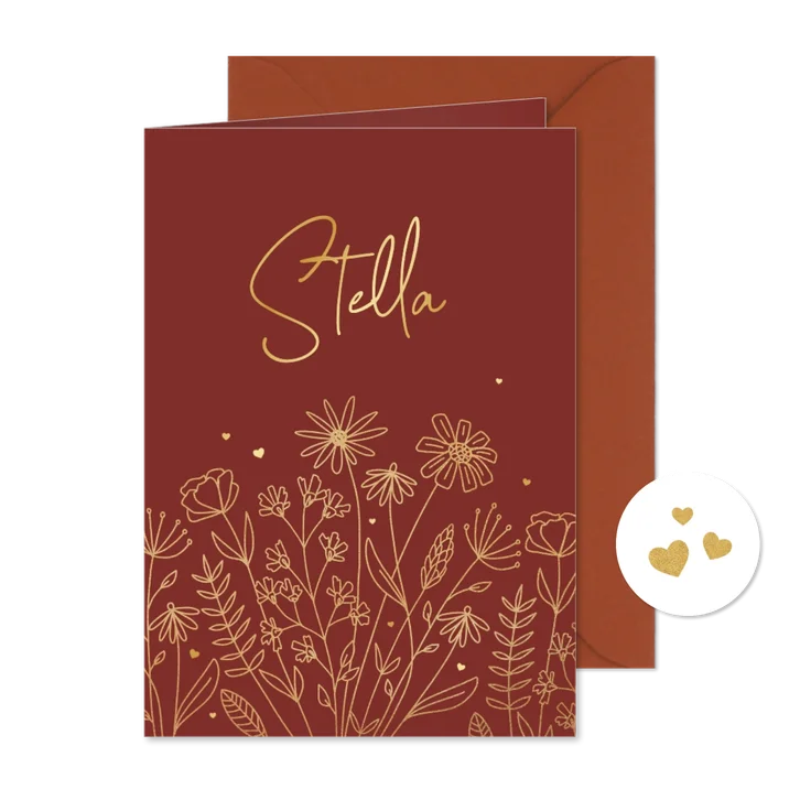 Geboortekaartje wilde bloemen goud lijntekening hartjes