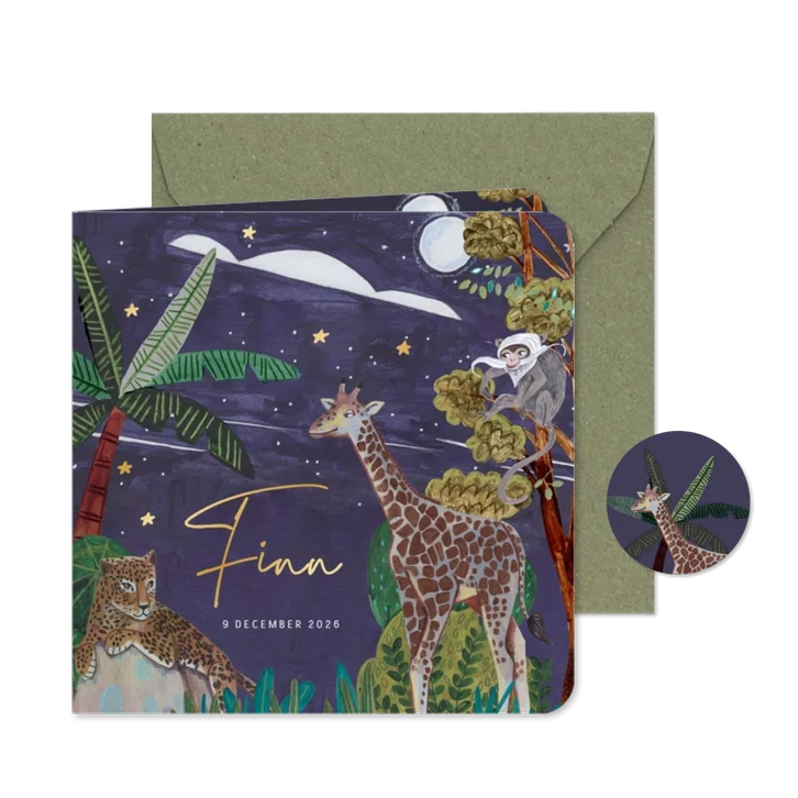 Geboortekaartje wilde dieren in de jungle in de nacht