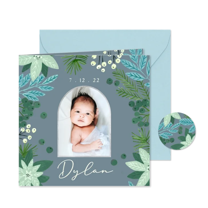 Geboortekaartje winter bloemen blauw