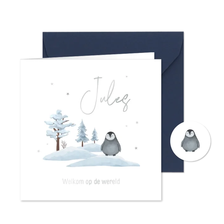 Geboortekaartje winter illustratie pinguïn sneeuw zilver
