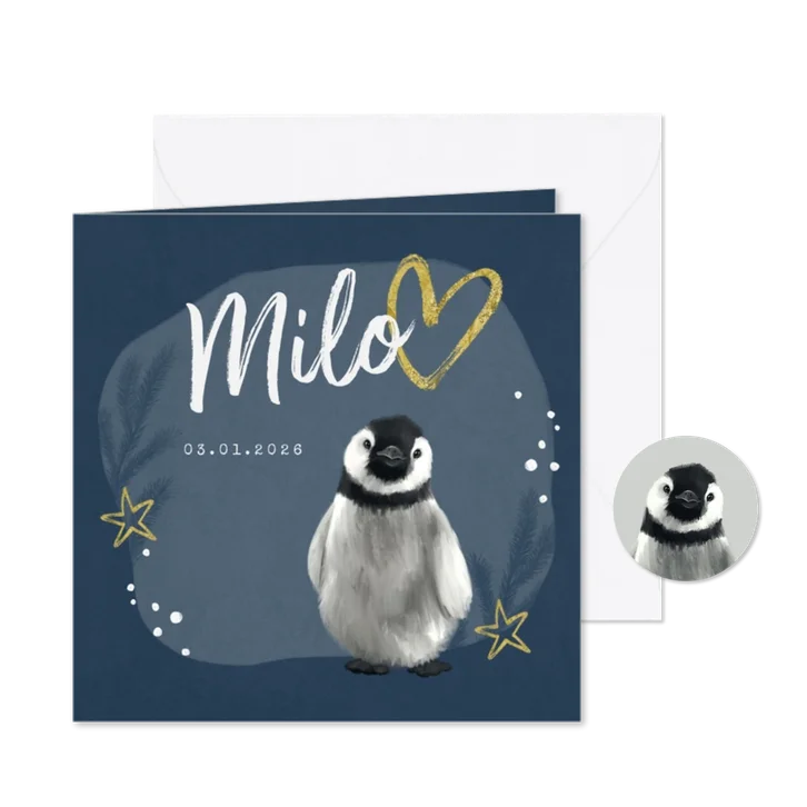 Geboortekaartje winter pinguin goud sterren hartje