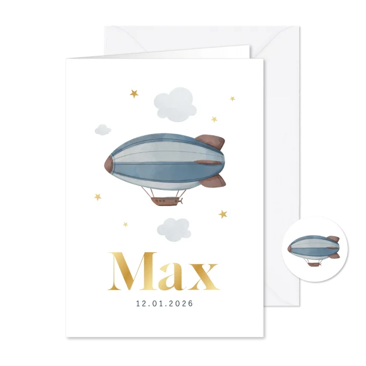 Geboortekaartje zeppelin sterren goud wolkjes