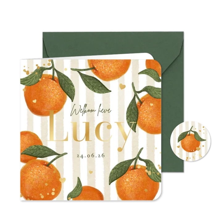 Geboortekaartje zomer fruit mandarijn hartjes goud