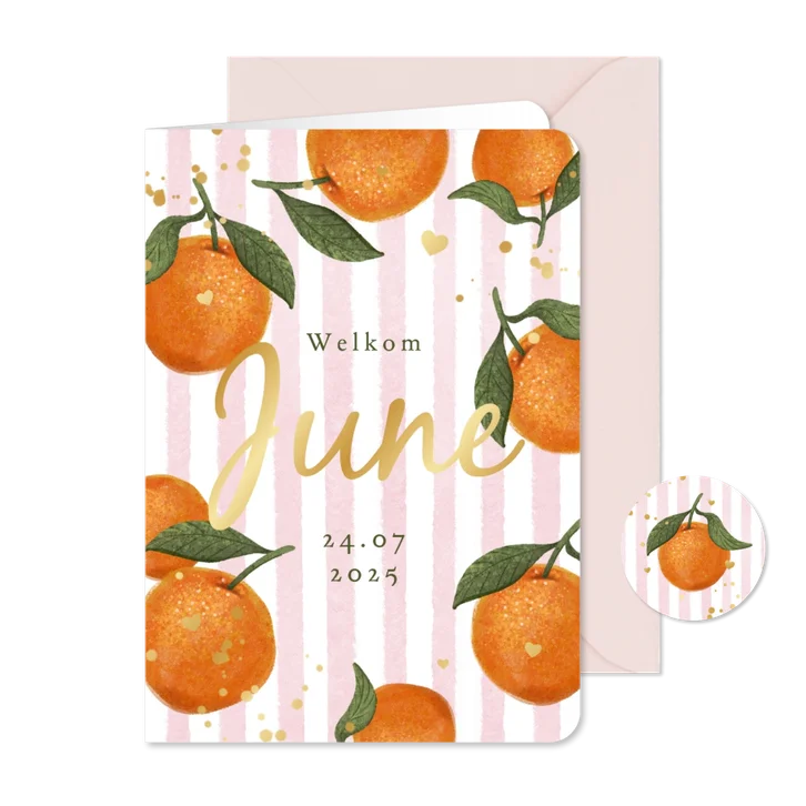 Geboortekaartje zomer meisje mandarijn hartjes goud fruit