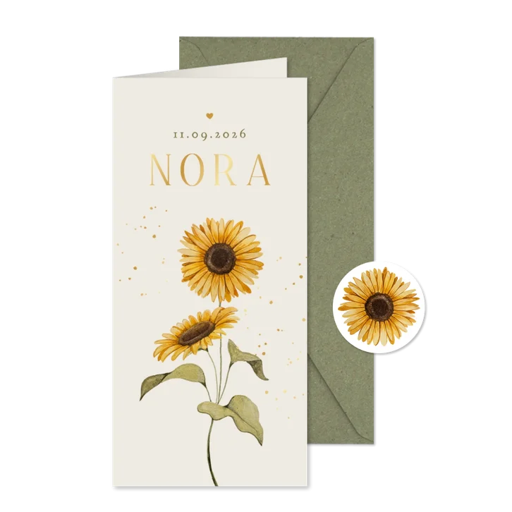 Geboortekaartje zomer zonnebloem goud hartje lief