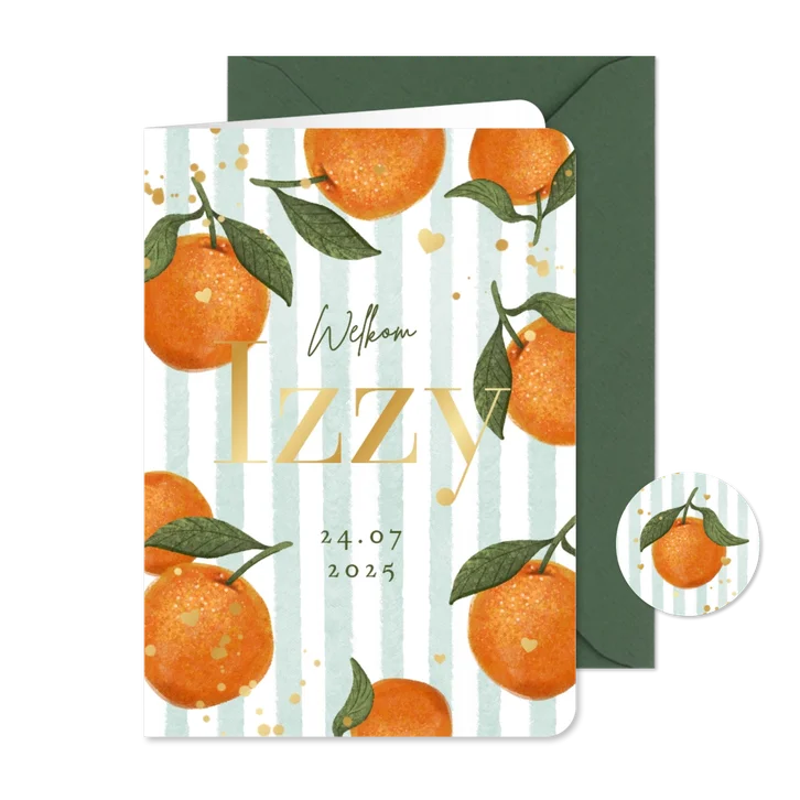 Geboortekaartje zomers mandarijn hartjes goud fruit