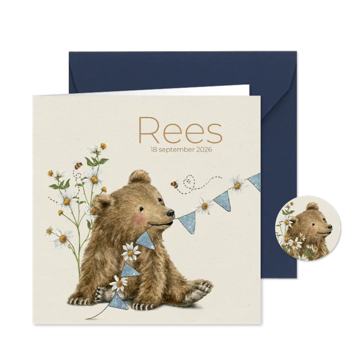 Geboortekaartje zoon met beertje en bijtje tussen de bloemen