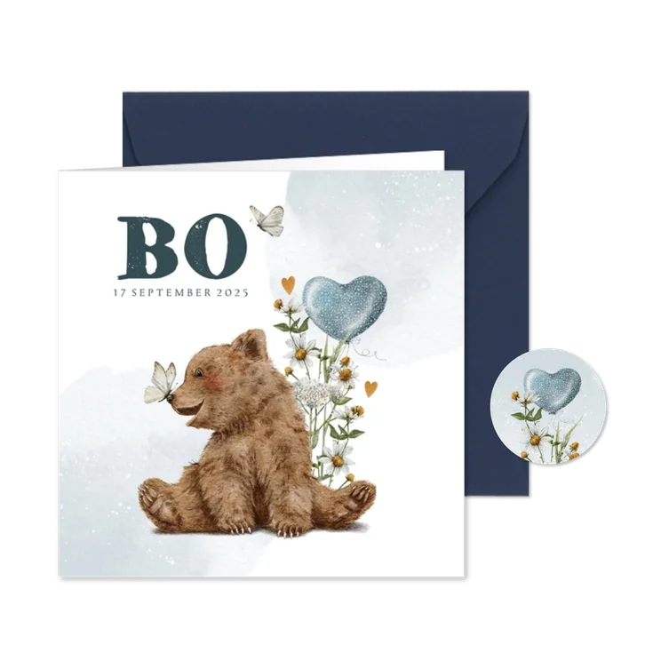 Geboortekaartje zoon met beertje vlinders en ballon