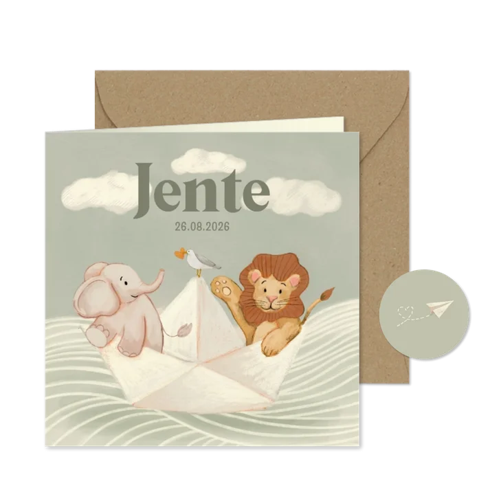 Geboortekaartje zoon met papieren bootje, leeuw en olifant