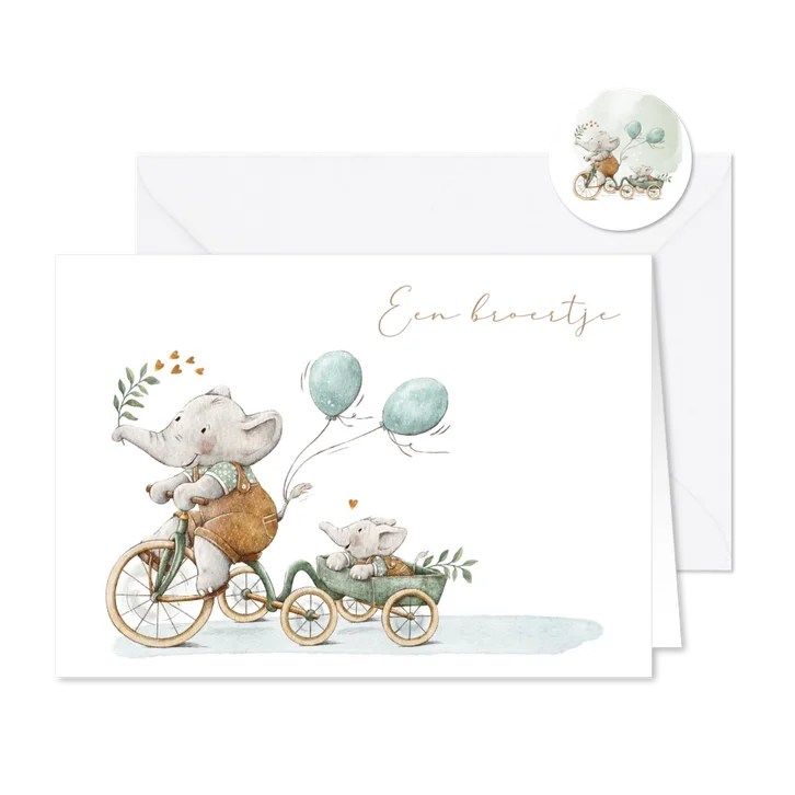 Geboortekaartje zoon met twee olifantjes samen op de fiets