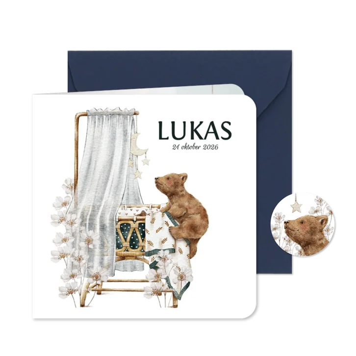 Geboortekaartje zoon voor broertje met beertje in wieg