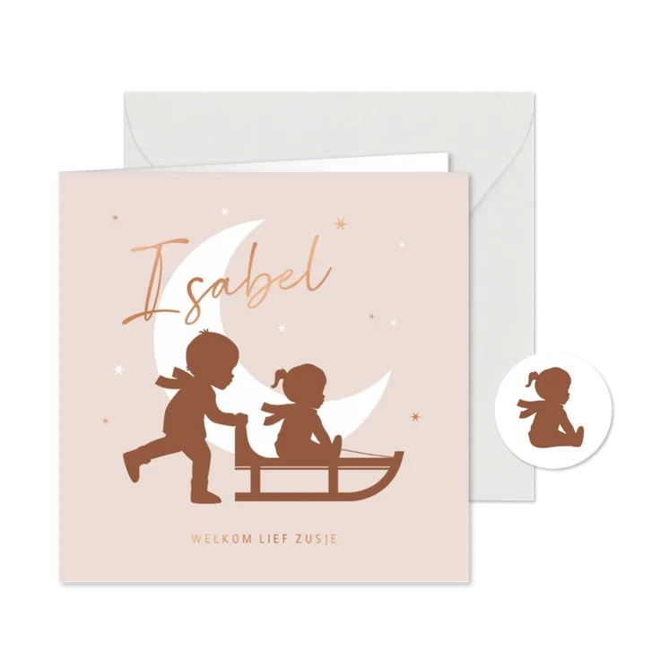 Geboortekaartje zusje broer slee silhouet maan winter