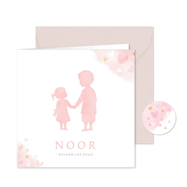 Geboortekaartje zusje en broer - waterverf met roze hartjes