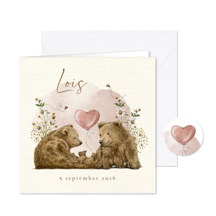 Geboortekaartje zusje met beertjes tussen de bloemen