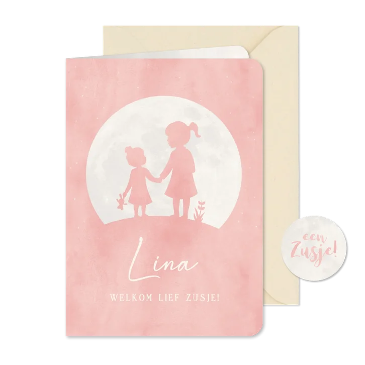 Geboortekaartje zusje met zus hand in hand in roze