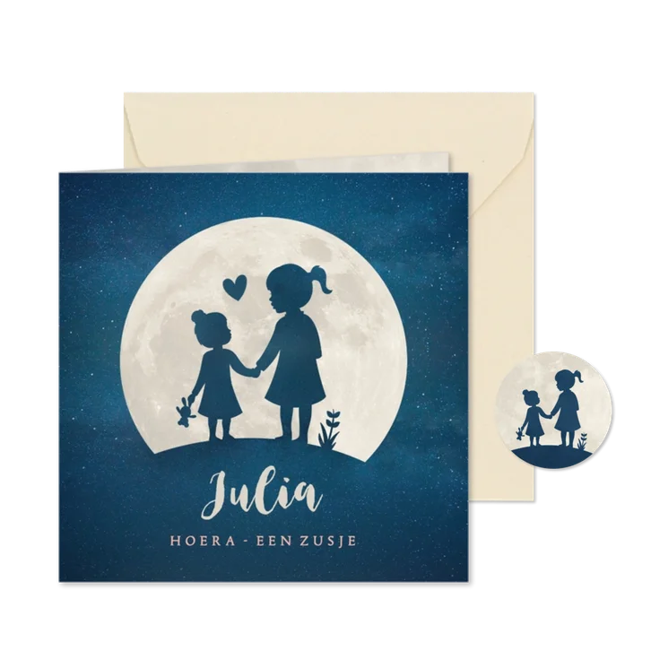 Geboortekaartje zusje - silhouet hand in hand met maan