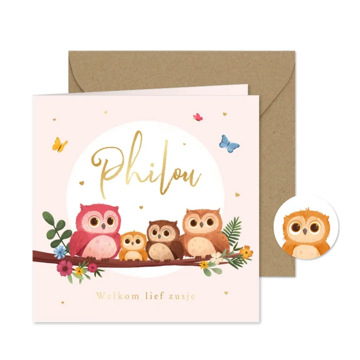 Geboortekaartje zusje uiltjes lief schattig boom bloemen