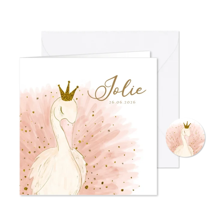 Geboortekaartje zwaan goudlook waterverf roze