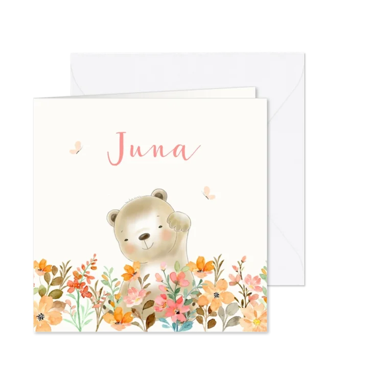 Geboortekaartjes - Beertje met bloemen meisje