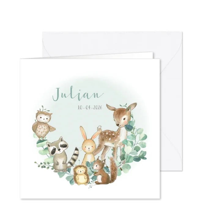 Geboortekaartjes - Bosdieren met mintgroene waterverf vlek