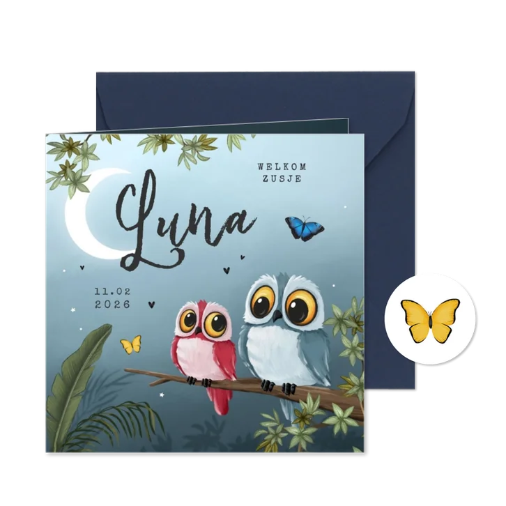 Geboortekaartjes jungle dieren uil maan boom