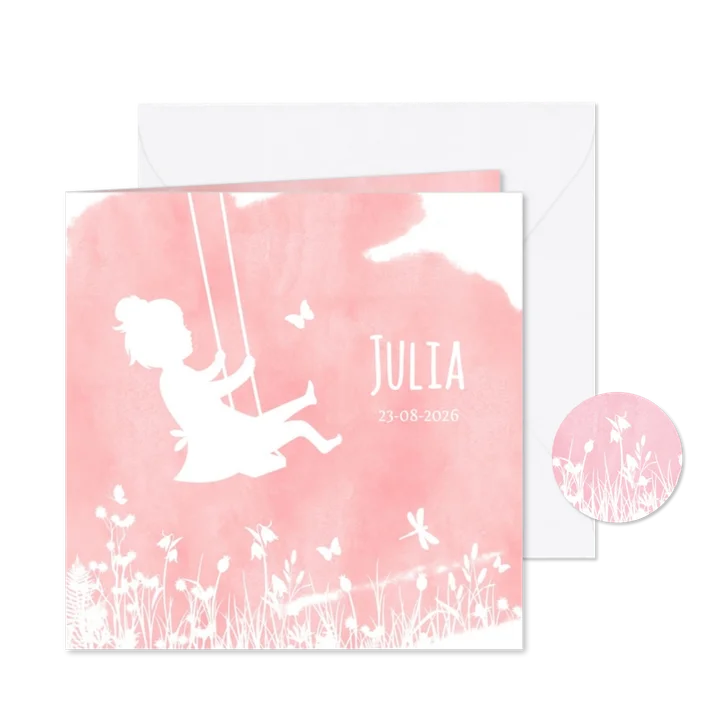 Geboortekaartjes silhouet meisje op schommel met vlinders