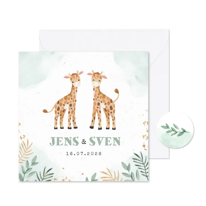 Geboortekaartjes tweeling giraf dieren botanisch goud