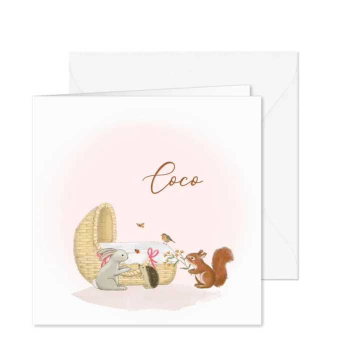 Geboortekaartjes wiegje meisje met bosdieren 