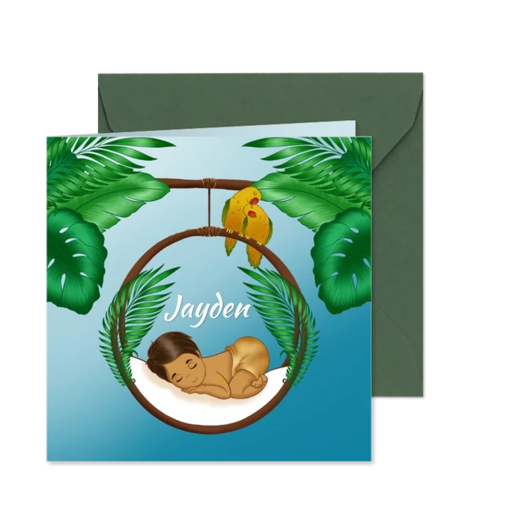 Gekleurd bruin kindje slapend in een wiegje in de jungle 