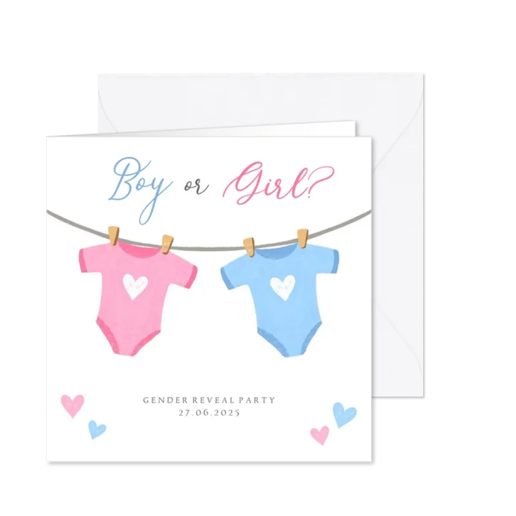 Gender reveal party uitnodiging met rompers en hartjes