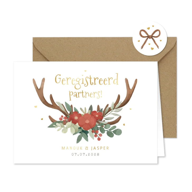 Geregistreerd partnerschap hertengewei bloemen hartjes goud
