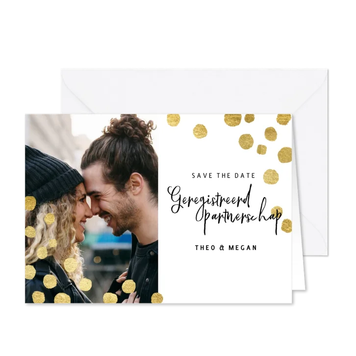 Geregistreerd partnerschap kerstkaart gouden confetti & foto