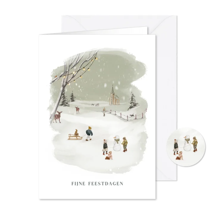 Getekende kerstkaart kinderen in de sneeuw landschap
