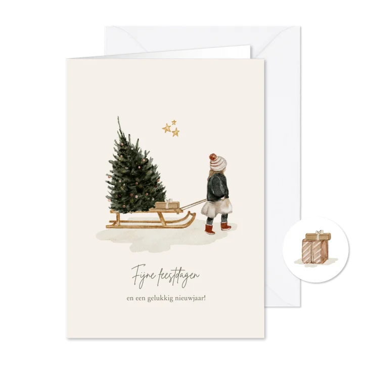 Getekende kerstkaart meisje met slee en kerstboom