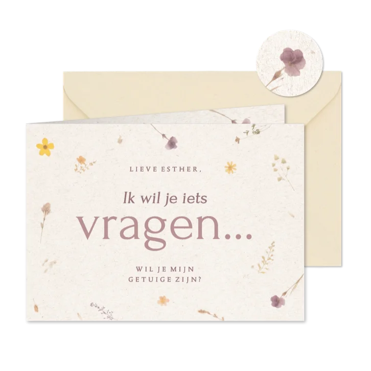 Getuige kaartje ik wil je iets vragen met gedroogde bloemen
