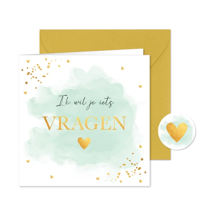 Getuigekaart waterverf mintgroen hartjes goudlook