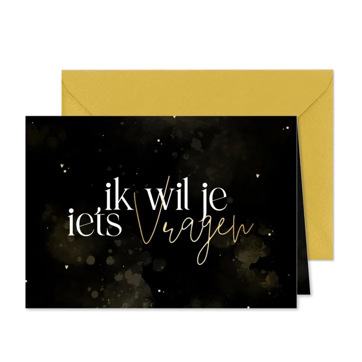 Getuigekaart zwart en goud met hartjes en waterverf